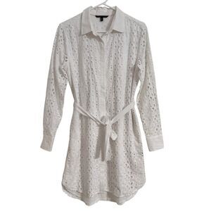 Victoria's Secret Women's 4 Eyelet Lined Button Up  White Shirt Dress Belt Tie